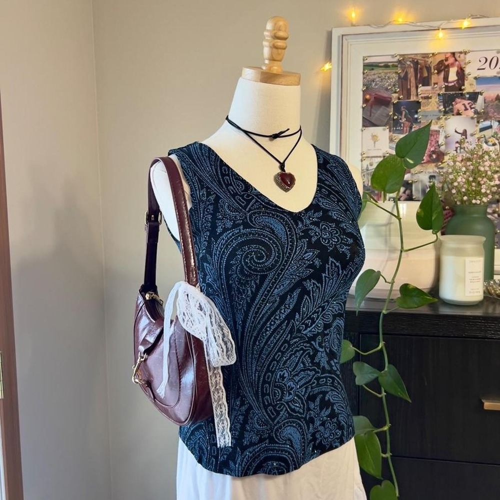 Vintage Y2K Blue Black Sparkle Paisley Going Out Top Glamour Size Small